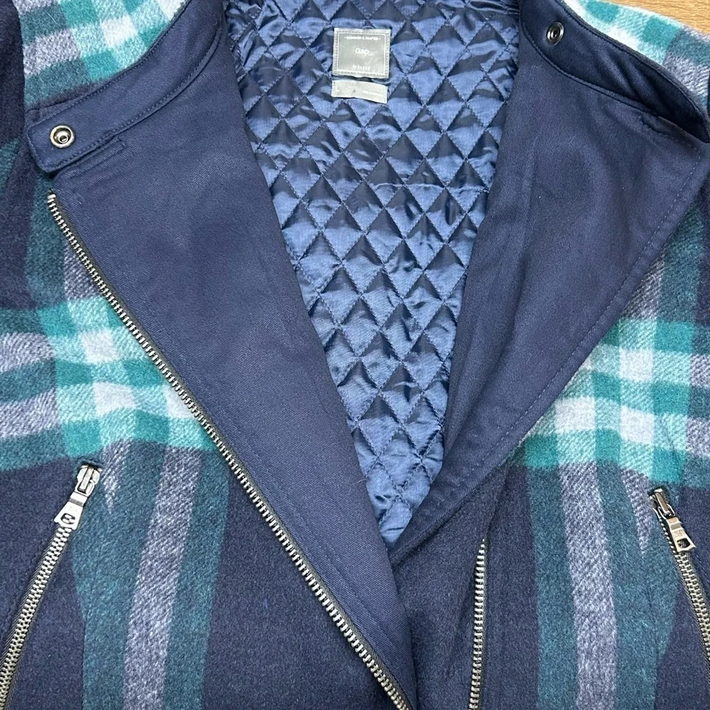 Gap Navy Blue Green Plaid Wool Blend Moto Jacket Quilted Inside Size Large - Picture 9 of 10
